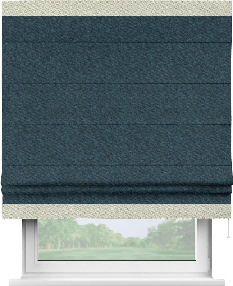 Римская штора «Кортин» с кантом Горизонт, для проема, ткань твид блэкаут, глубокий синий